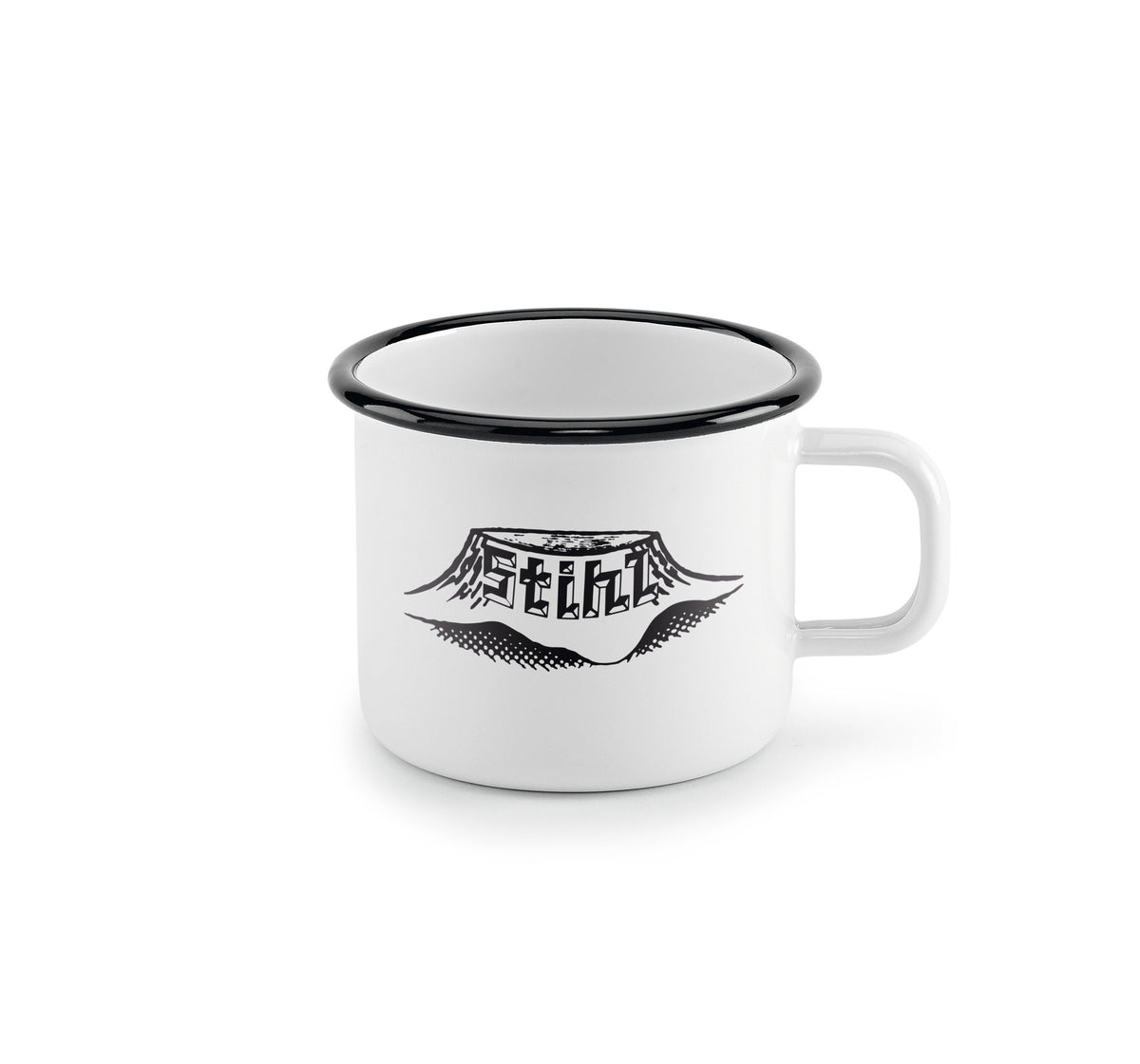 STIHL kubek emaliowany 0,5 l (biały, czarny rant, logo retro)